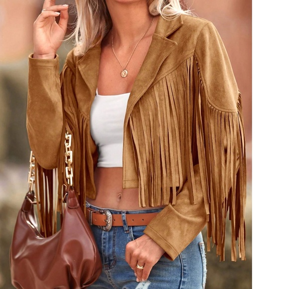 Western Vegan Suede Open Front Fringe Moto Biker Jacket - Picture 2 of 11